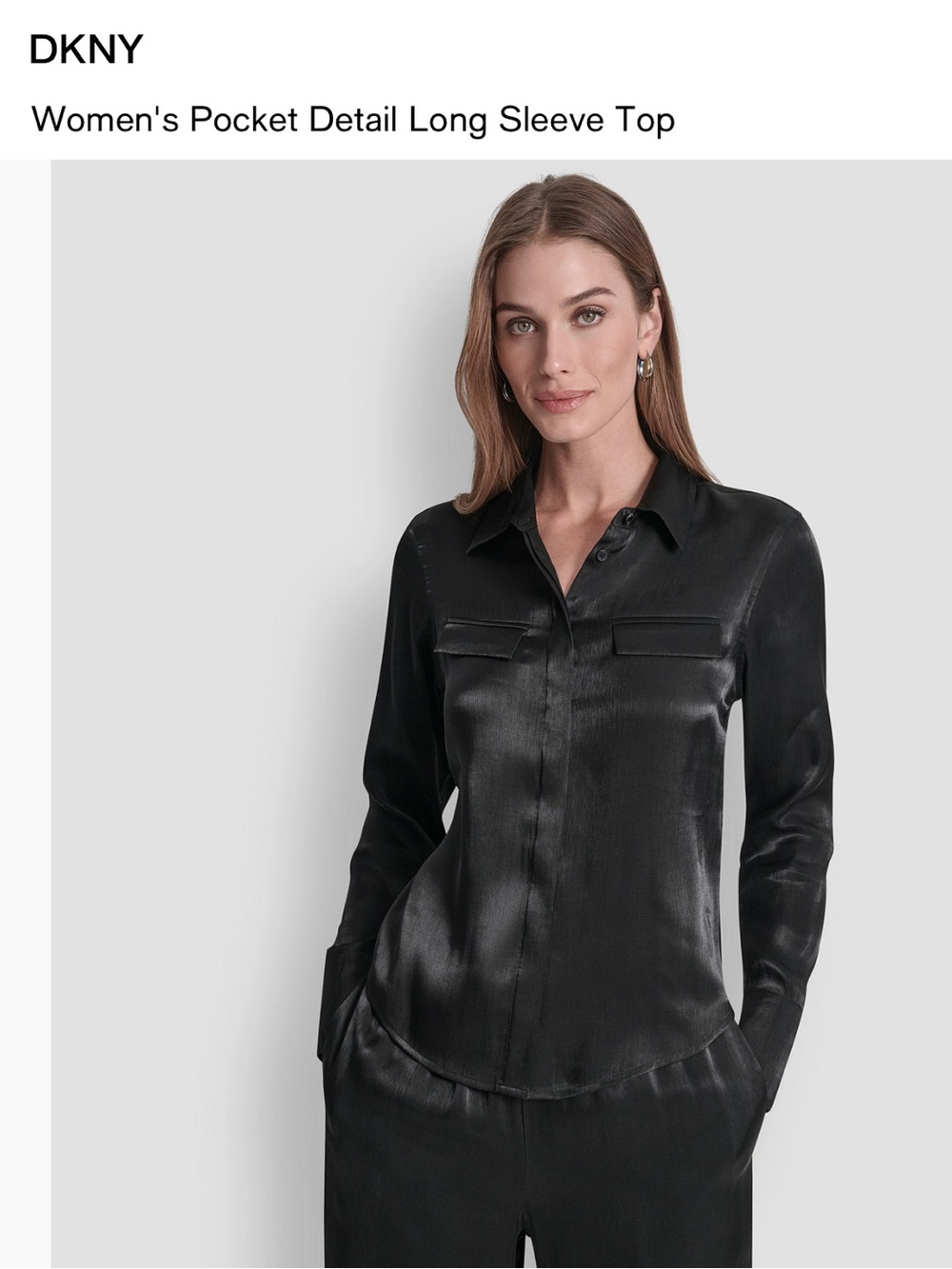 DKNY Black Satin-Look Button-Down Pocket Blouse